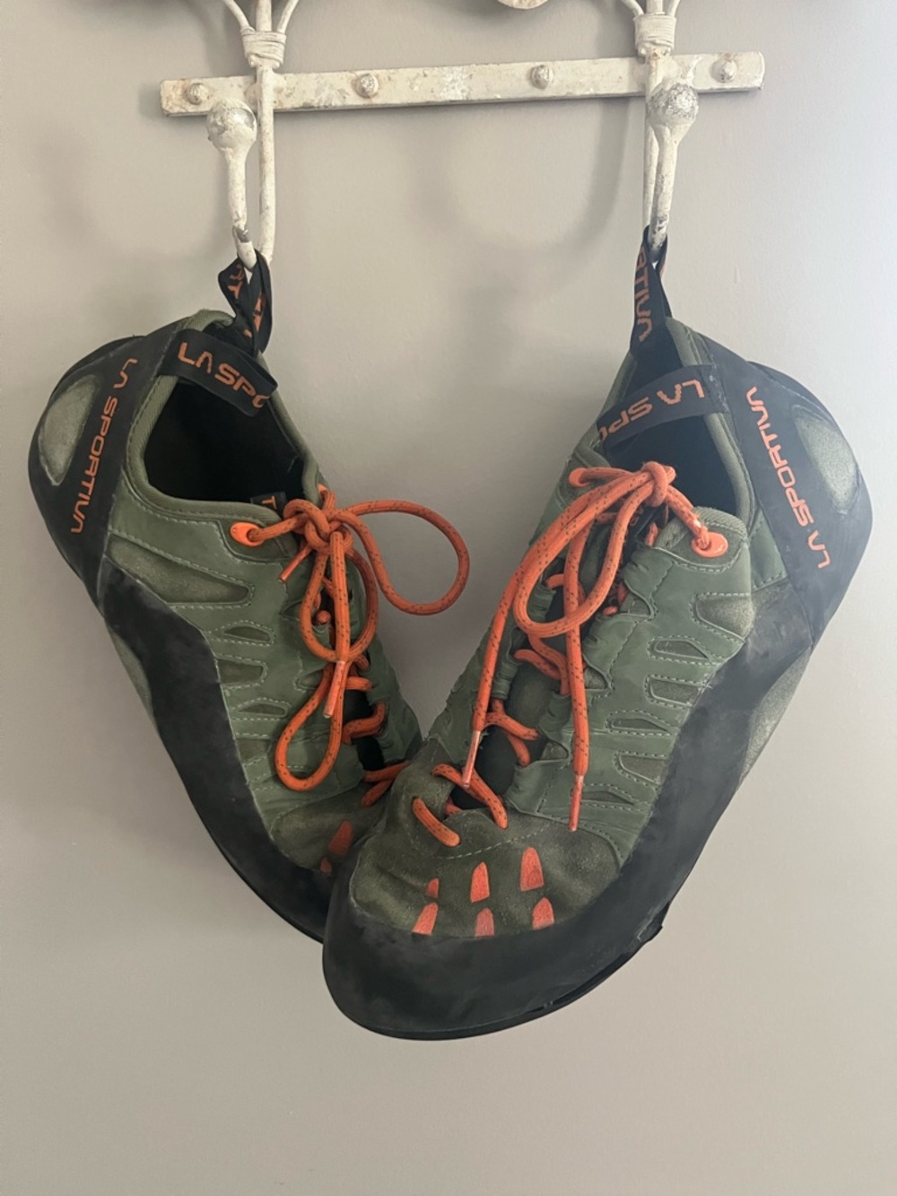La Sportiva Olive Green Climbing Shoes with Orange Accents men’s